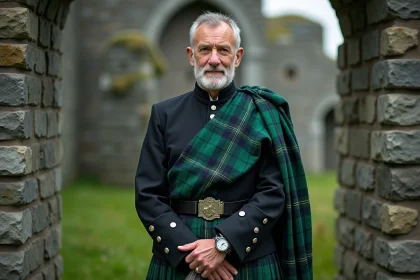 Homme irlandais en kilt traditionnel tartan vert et marine devant les ruines d'un château irlandais en pierre