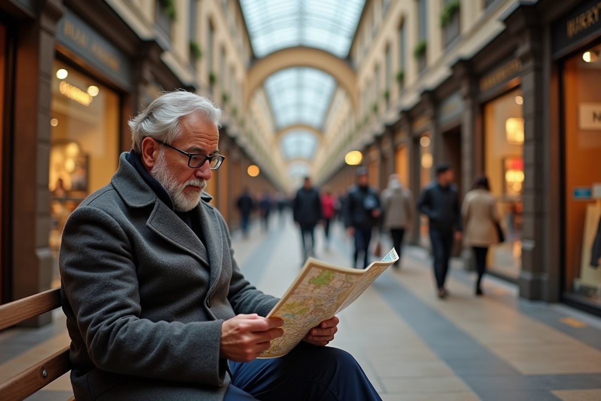 Homme âgé consultant une carte dans un centre commercial français