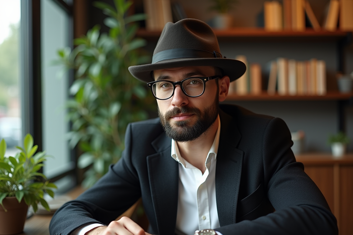Homme barbu avec lunettes et fedora dans un café