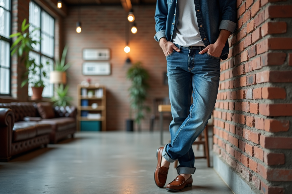Homme en jeans décontractés dans un loft moderne
