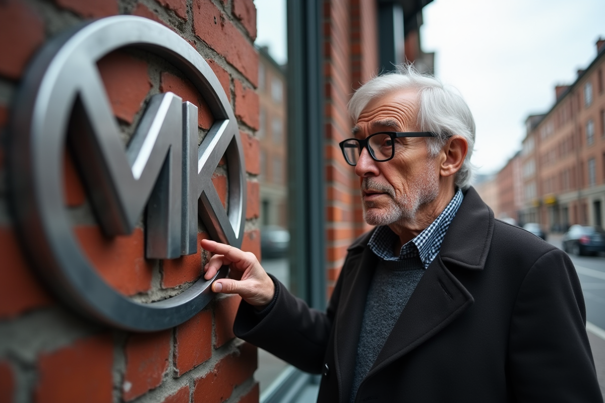 Homme examinant un logo MK en métal sur un bâtiment urbain