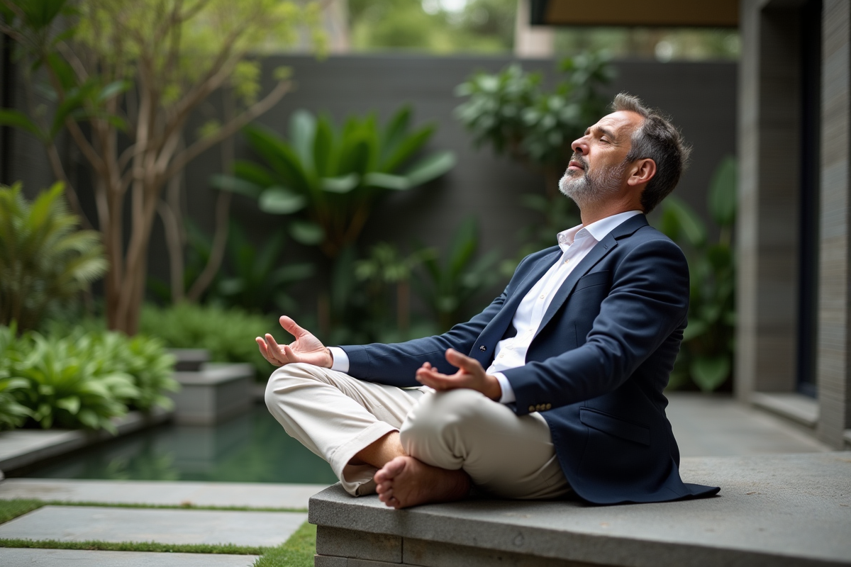 Homme méditant dans un jardin privé avec banc en pierre
