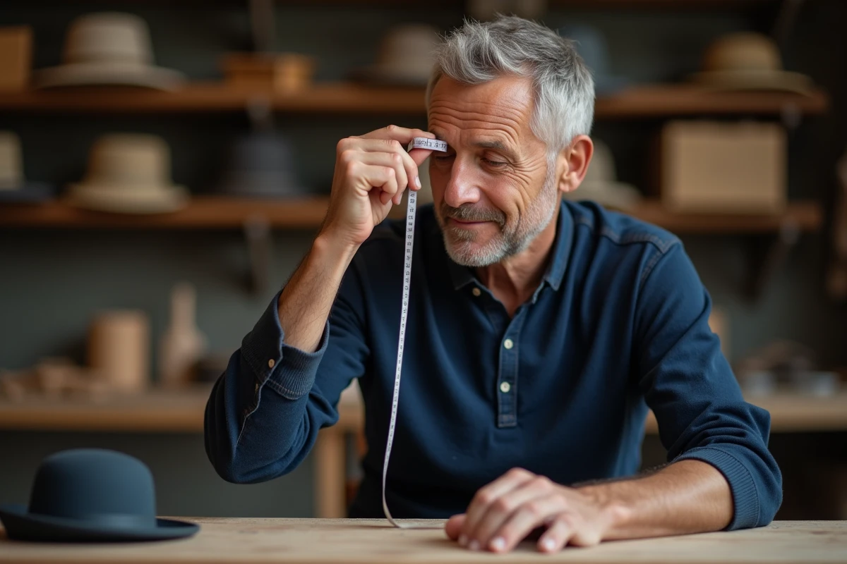 Homme mesurant son tour de tête dans un atelier artisanal avec des formes de chapeau en arrière-plan