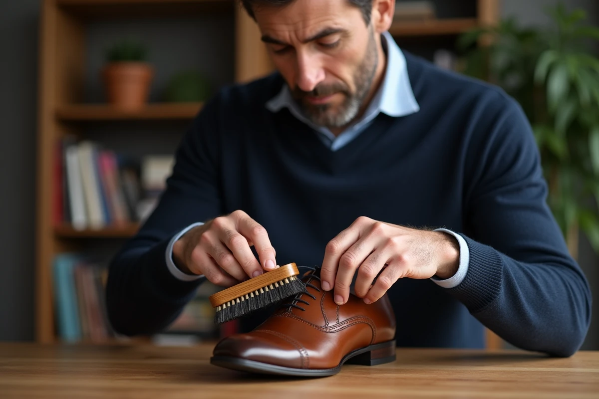 Homme en pull marin nettoyant des chaussures en cuir