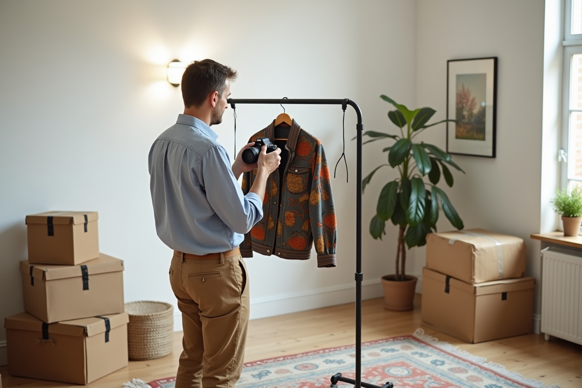 Homme photographiant une veste vintage dans un studio lumineux