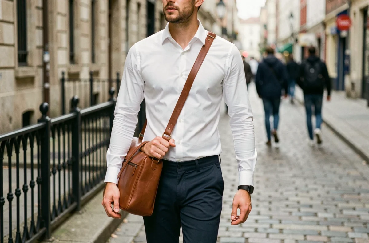 Homme professionnel portant un sac sport cuir compact cognac en bandoulière dans une rue pavée urbaine
