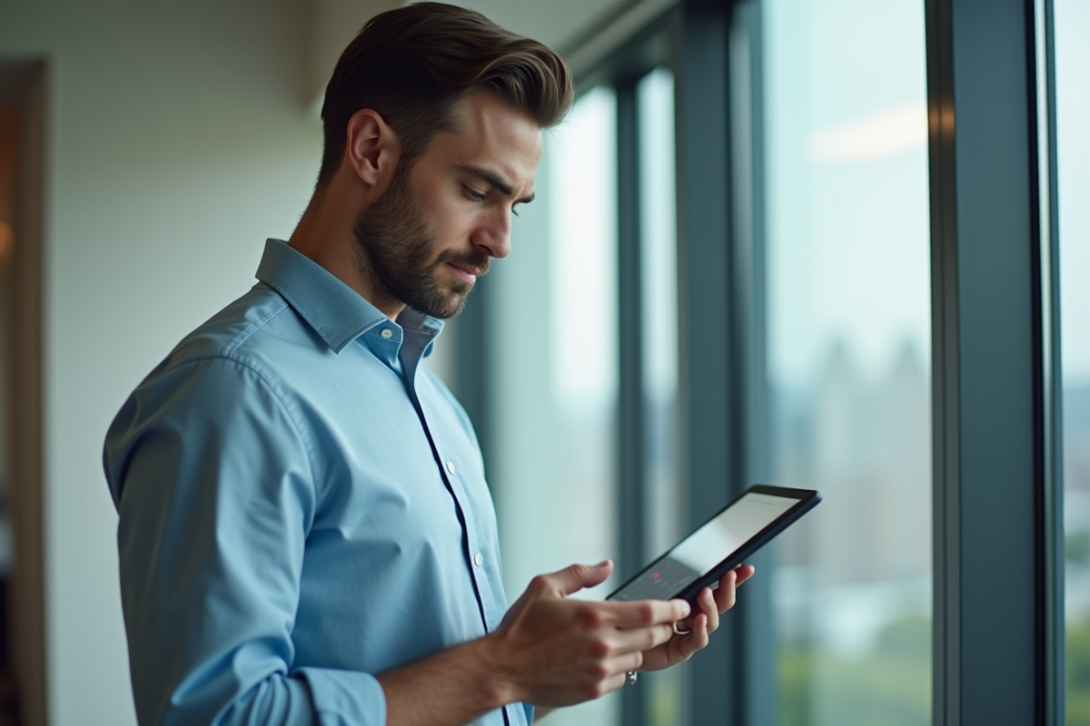 Homme en business casual regardant une interface capillaire