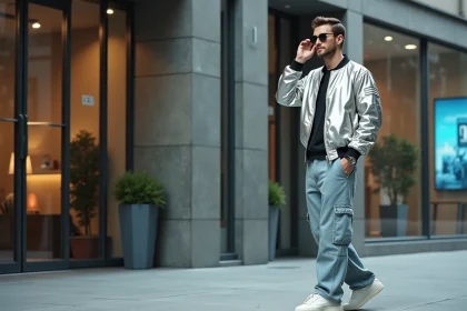 Jeune homme en veste m&eacute;tallique dans une ville moderne en 2026
