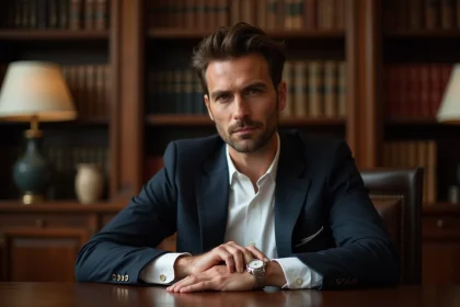 Homme en costume ajust&eacute; ajustant sa montre &eacute;l&eacute;gante