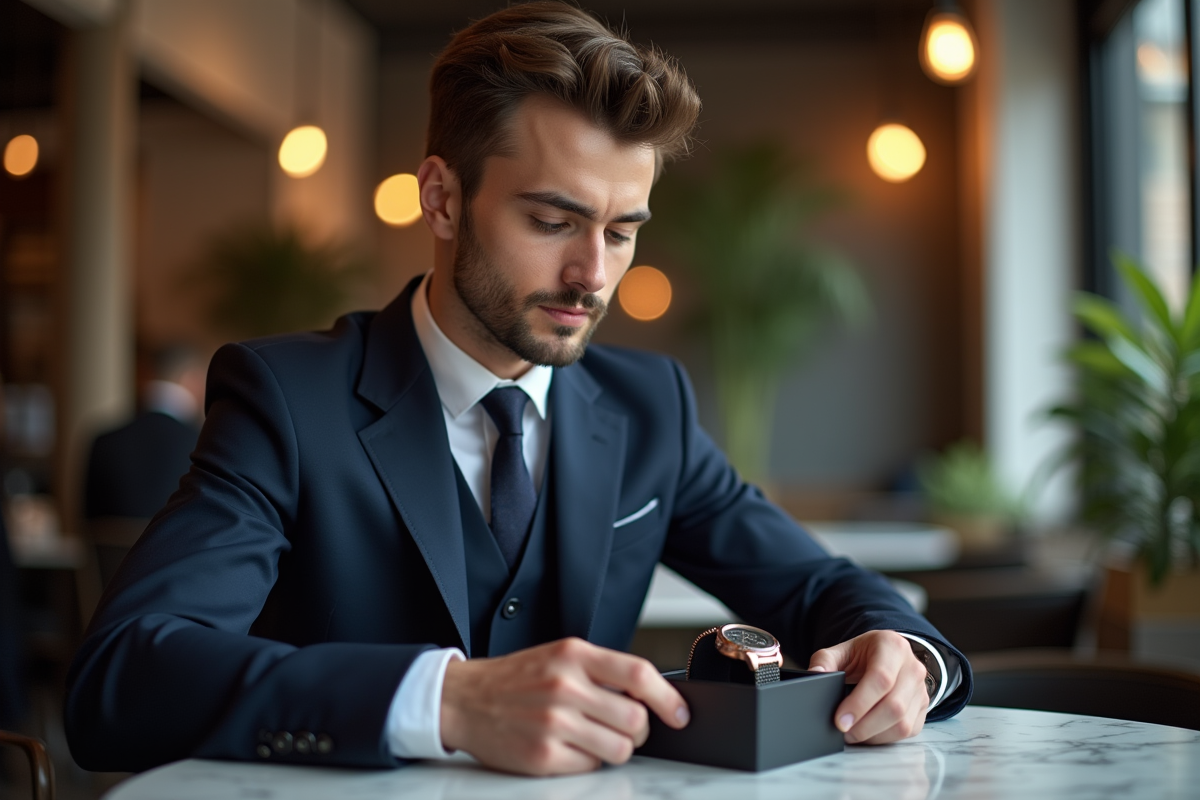Homme jeune découvrant une montre de luxe au café
