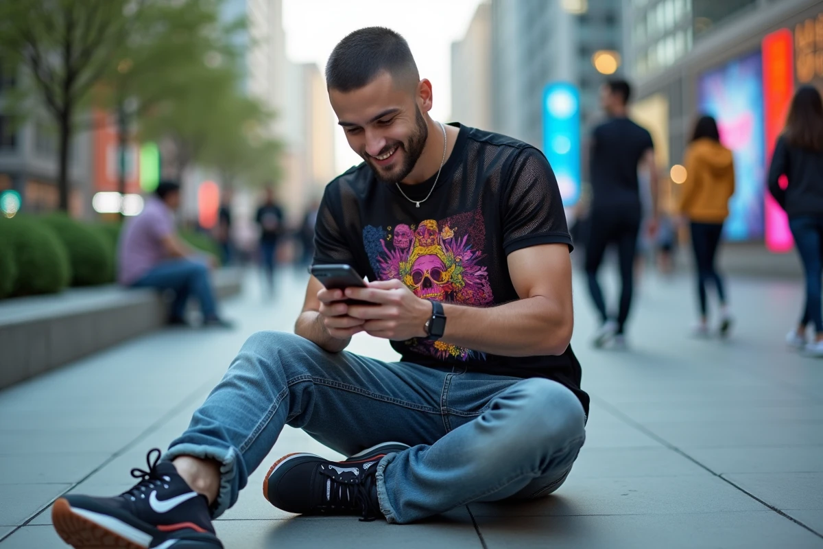 Homme millennial assis sur un banc urbain avec smartphone