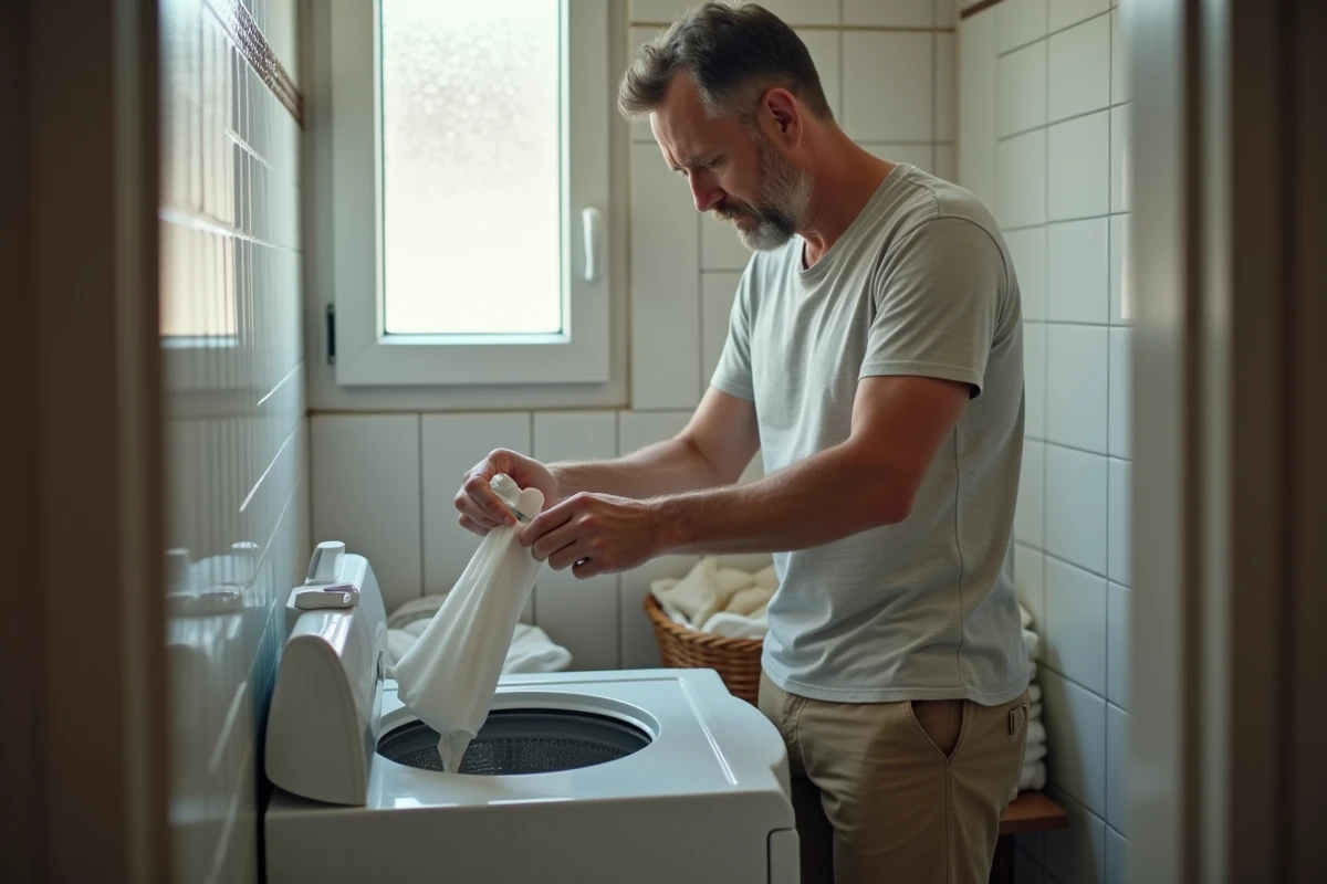 Homme versant du détergent dans la machine à laver