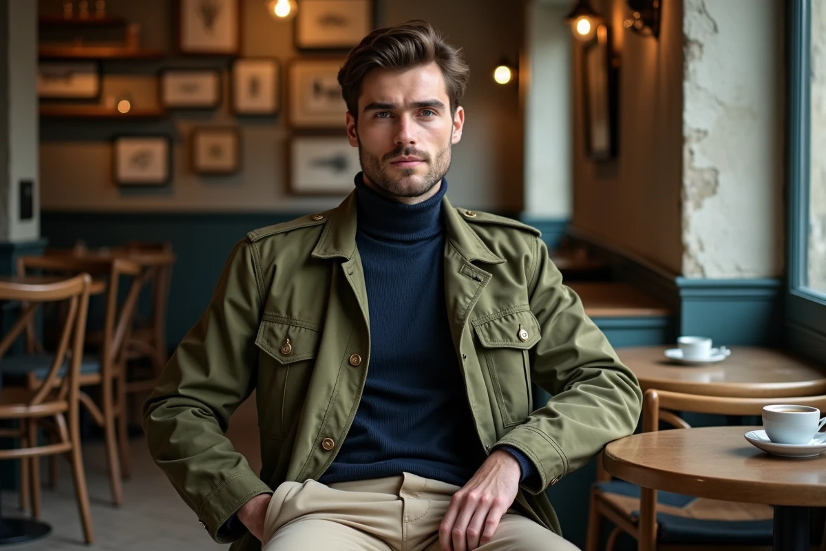 Homme en veste militaire vintage verte portée sur un col roulé marine, assis dans un café parisien avec une tasse d'espresso