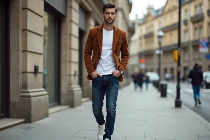 Homme portant une veste vintage en velours côtelé marron avec un jean indigo et des sneakers blanches dans un contexte urbain