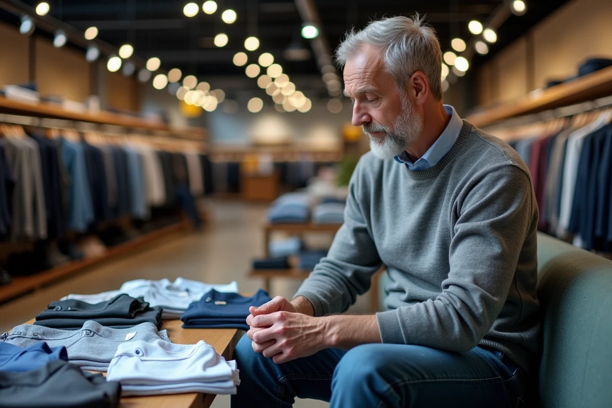 Homme assis dans le rayon v&ecirc;tements homme du magasin