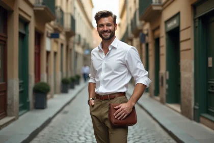 Homme &eacute;l&eacute;gant ajustant une pochette en cuir en ville