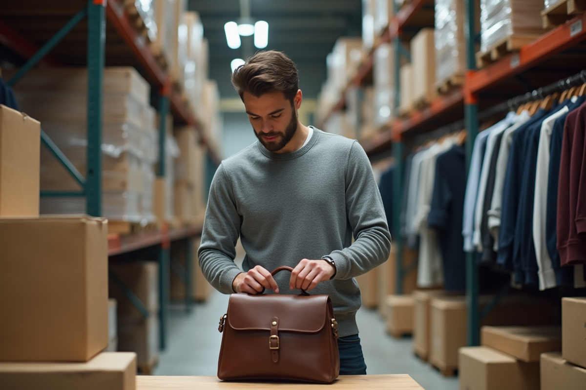 Homme inspectant un sac vintage dans un entrepôt