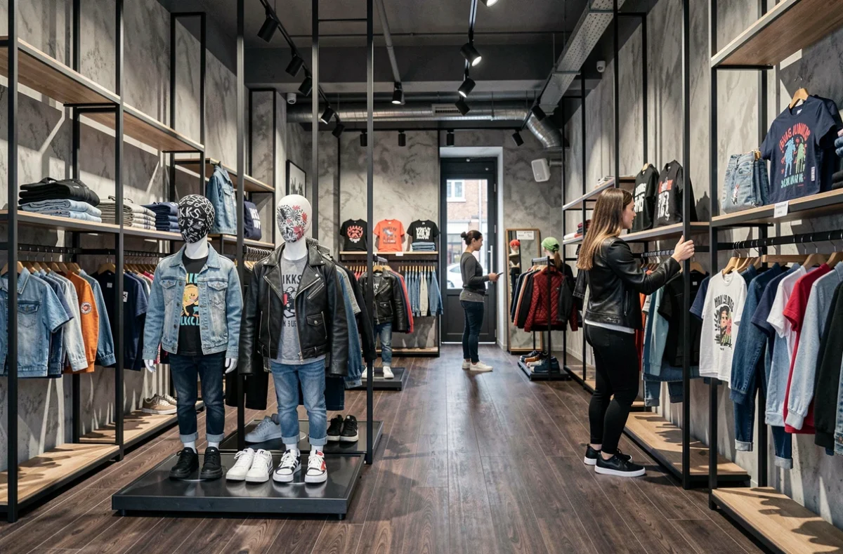 Intérieur de la boutique IKKS Junior à Nancy avec des vêtements enfants au style urbain sur des présentoirs en métal sombre et une vendeuse ajustant un présentoir