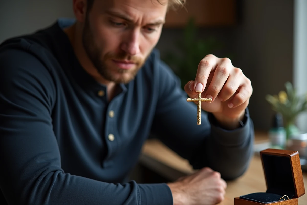 Homme inspectant une croix bijou en or avec une loupe de joaillier assis à un bureau en bois