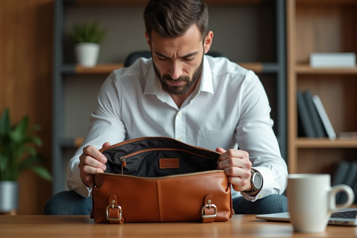 Homme inspectant l'intérieur et les finitions d'une besace en cuir camel sur un bureau en bois, vérifiant la qualité de la doublure et des fermetures avant achat