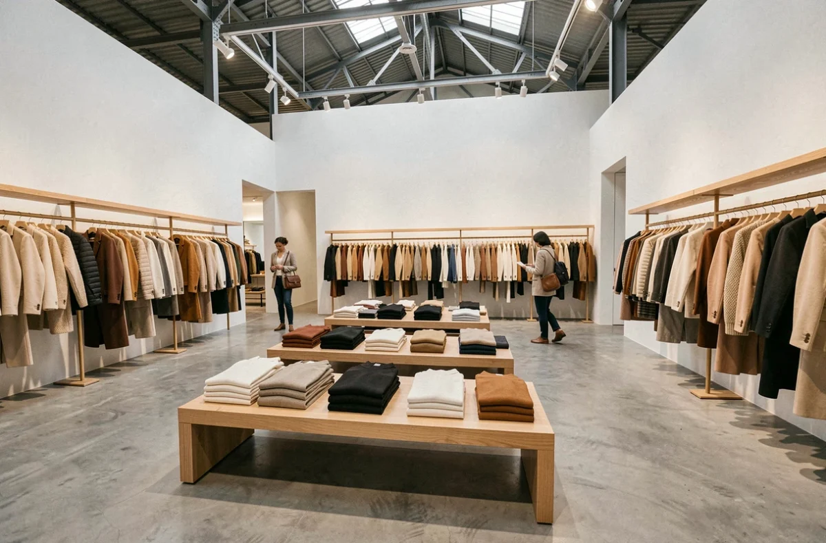 Intérieur d'un magasin Zara avec des vêtements exposés sur des tables en bois et des rails dans un espace minimaliste