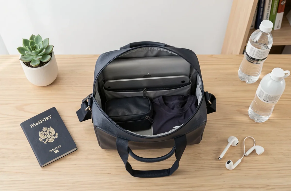 Sac sport cuir compact ouvert en vue du dessus révélant un intérieur organisé avec poches et accessoires quotidiens