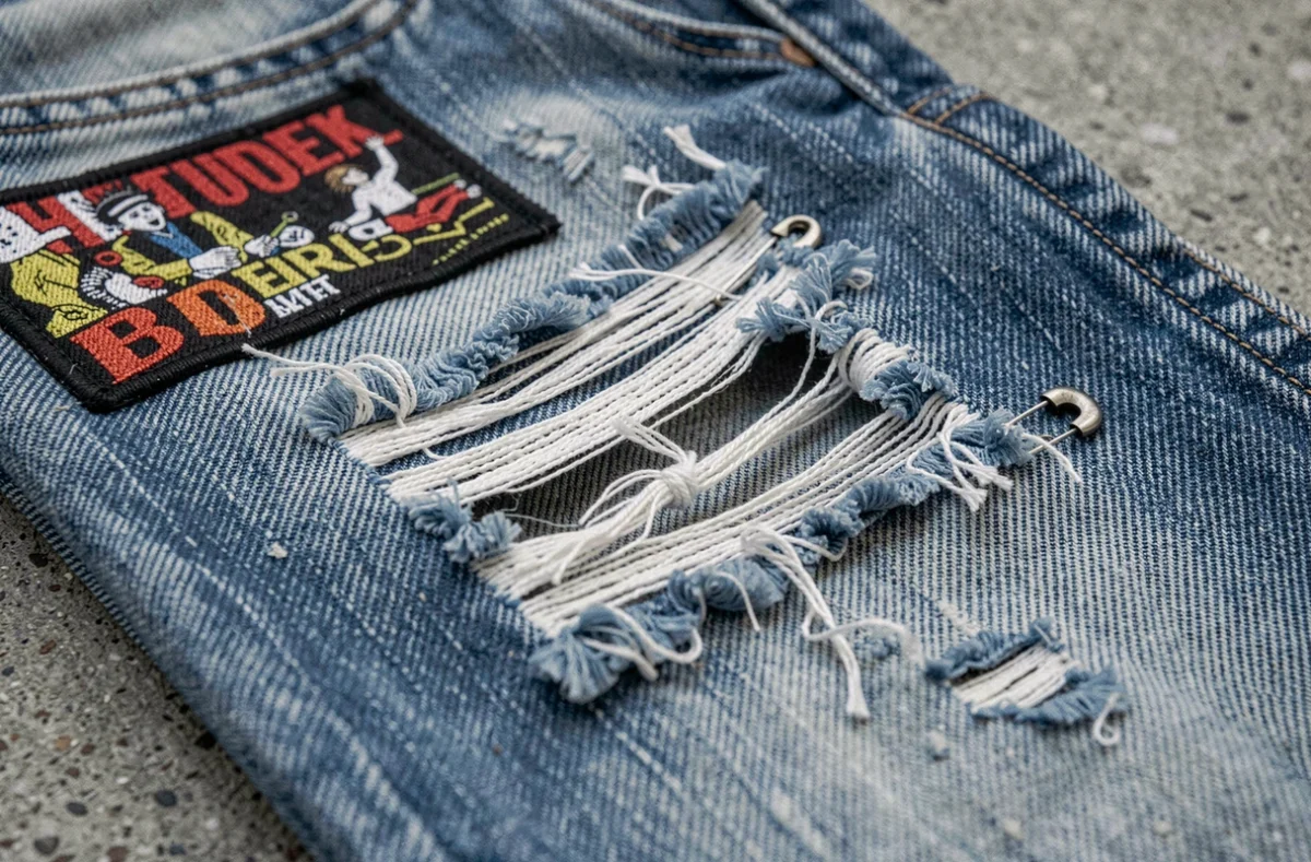 Gros plan sur un jean déchiré et personnalisé avec des épingles de sûreté et des patchs punk, symbole de la rébellion vestimentaire des années 1970-80