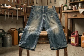 Jean indigo usé posé sur une chaise en bois dans un atelier américain des années 1950, symbole des origines ouvrières du denim