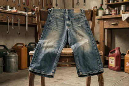 Jean indigo usé posé sur une chaise en bois dans un atelier américain des années 1950, symbole des origines ouvrières du denim