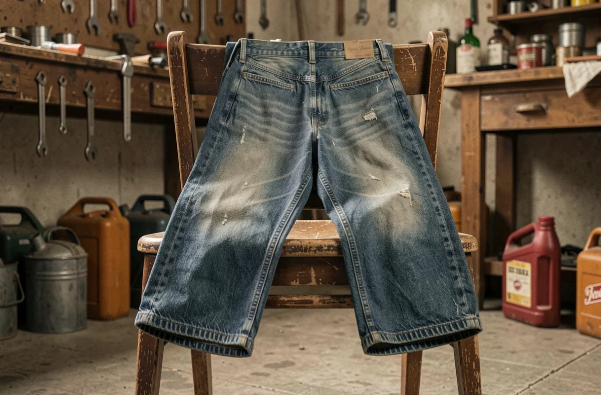 Jean indigo usé posé sur une chaise en bois dans un atelier américain des années 1950, symbole des origines ouvrières du denim