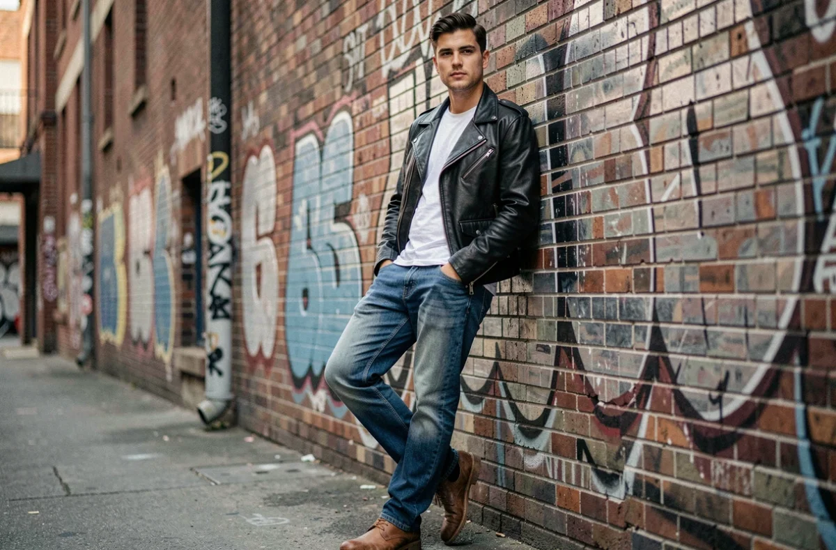 Jeune homme en jean vintage et veste en cuir appuyé contre un mur de briques tagué, incarnant l'esprit rebelle du denim urbain
