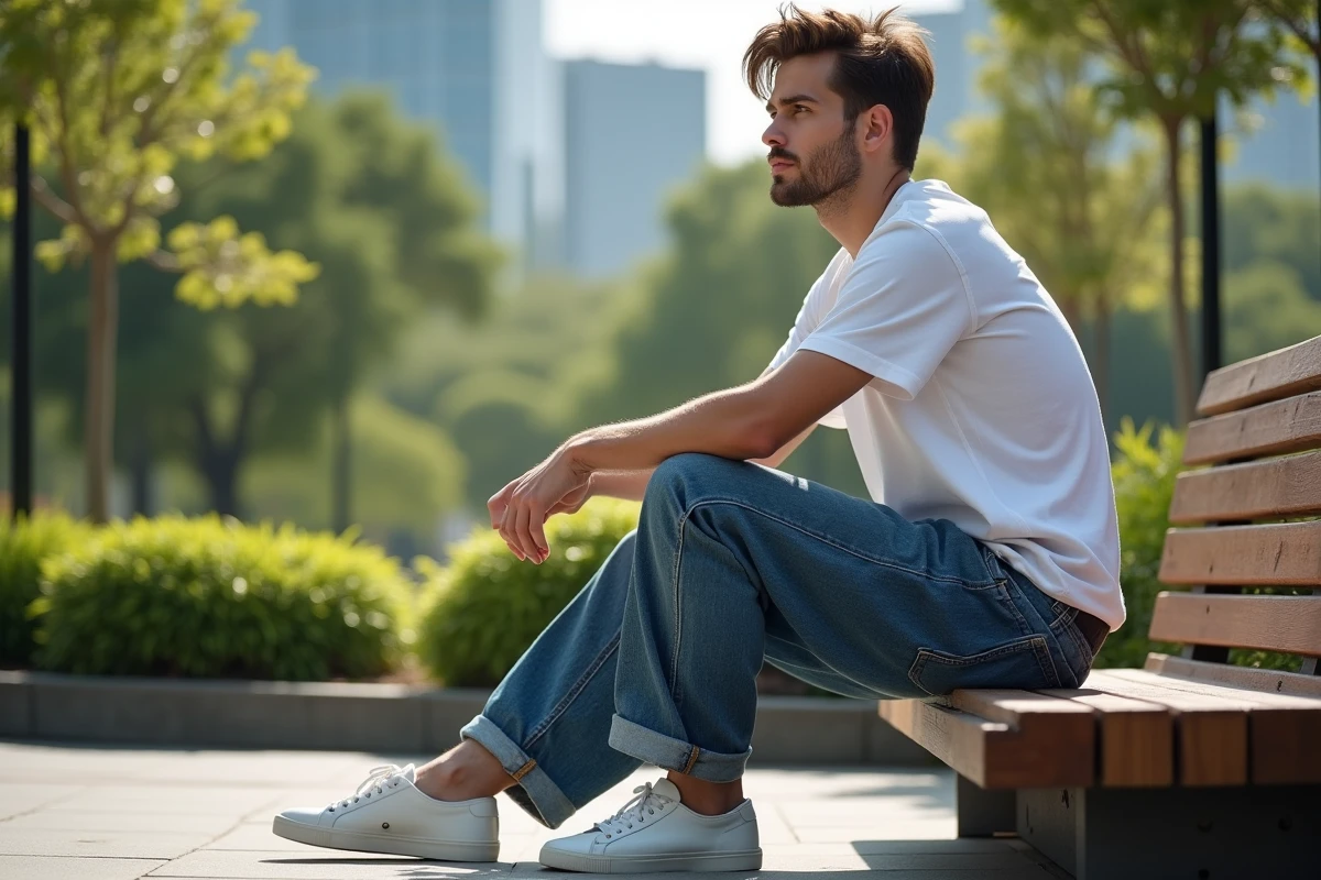 Homme en jeans d&eacute;contract&eacute;s dans un parc urbain