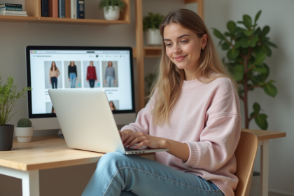 Jeune femme au bureau à la maison utilisant un ordinateur portable