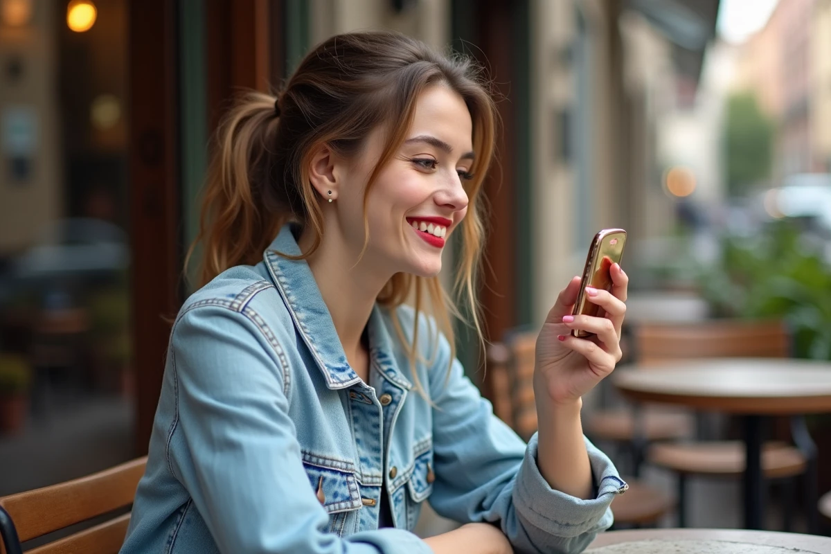Jeune femme souriante vérifiant son rouge à lèvres au café