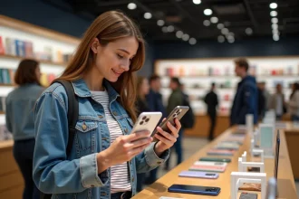 Jeune femme compare deux coques iPhone 15 Pro dans un magasin