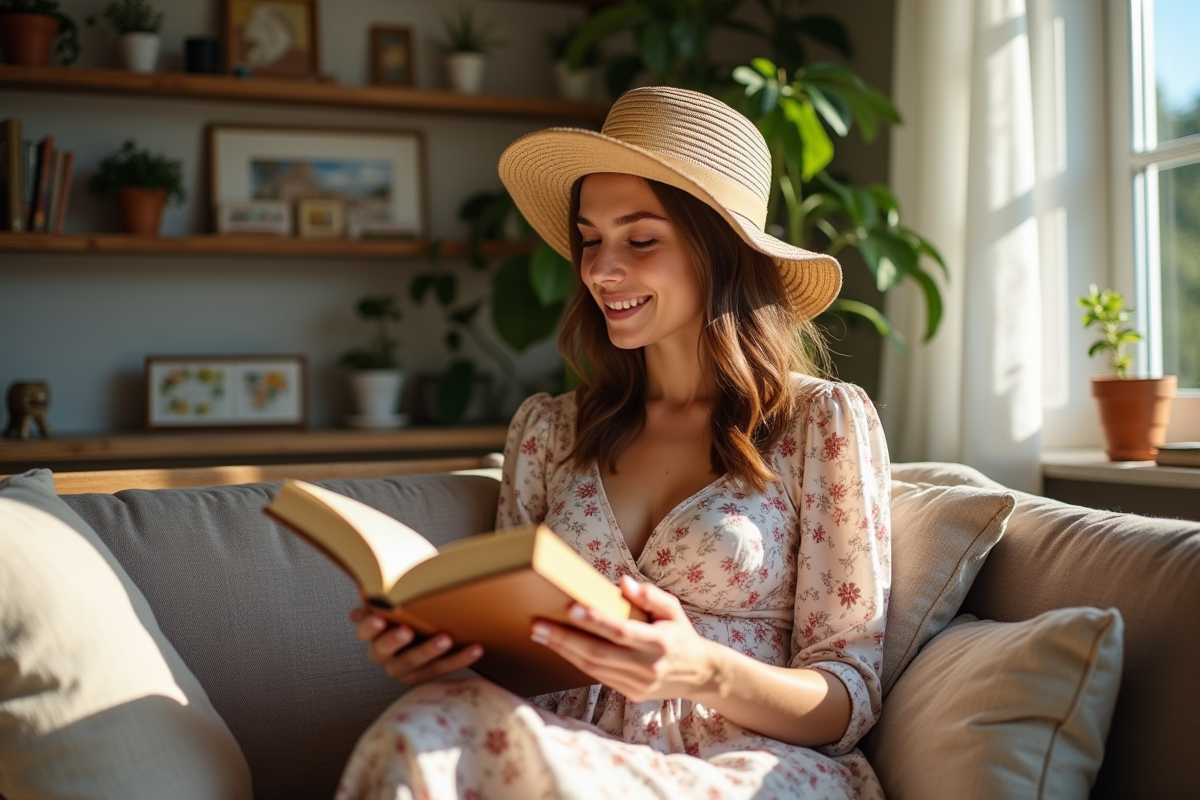 Jeune femme en robe vintage lisant dans un salon ensoleille