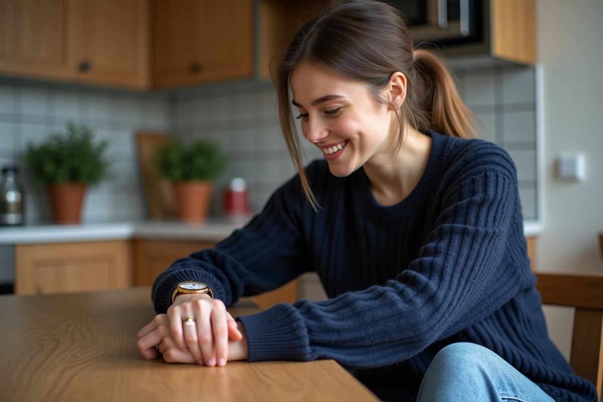 Jeune femme regardant sa montre dans la cuisine
