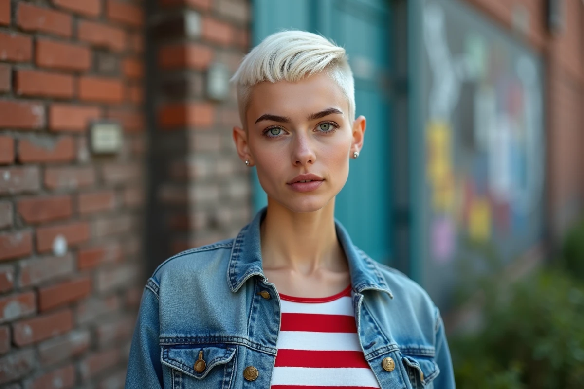 Jeune femme avec coupe platine devant un mur de briques