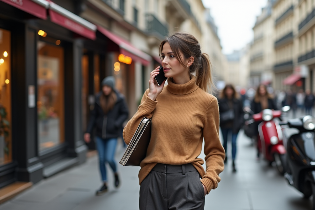 Jeune créatrice de mode dans la rue parisienne dynamique