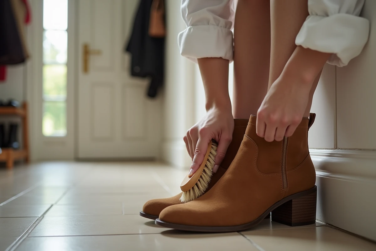 Jeune femme polissant des bottes en daim dans un couloir