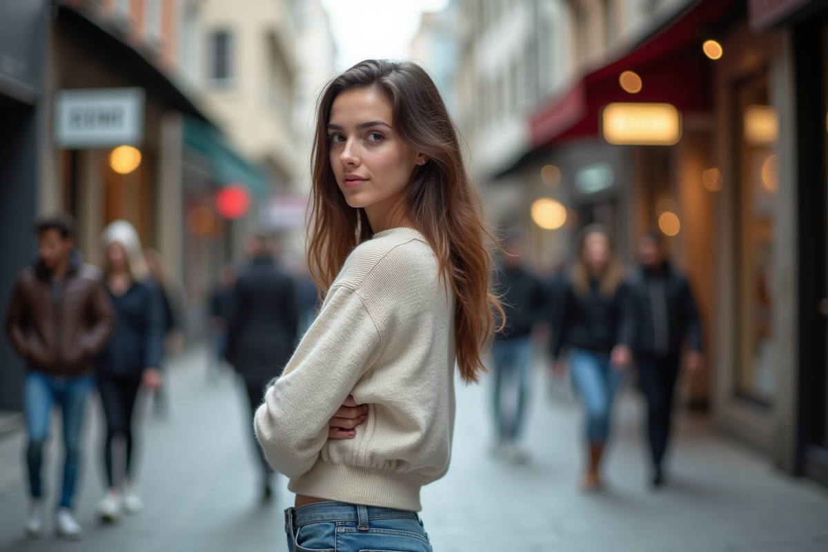 Jeune femme dans la rue urbaine regardant par-dessus l