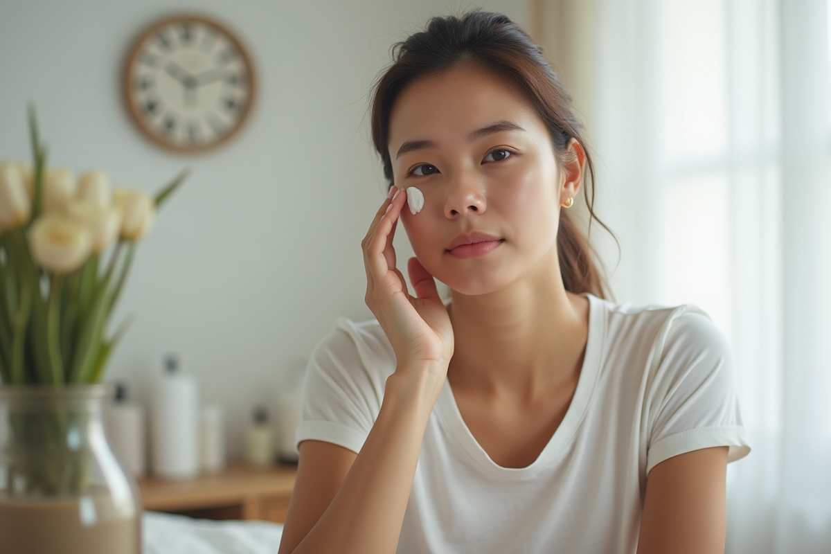 Jeune femme appliquant crème sur le visage