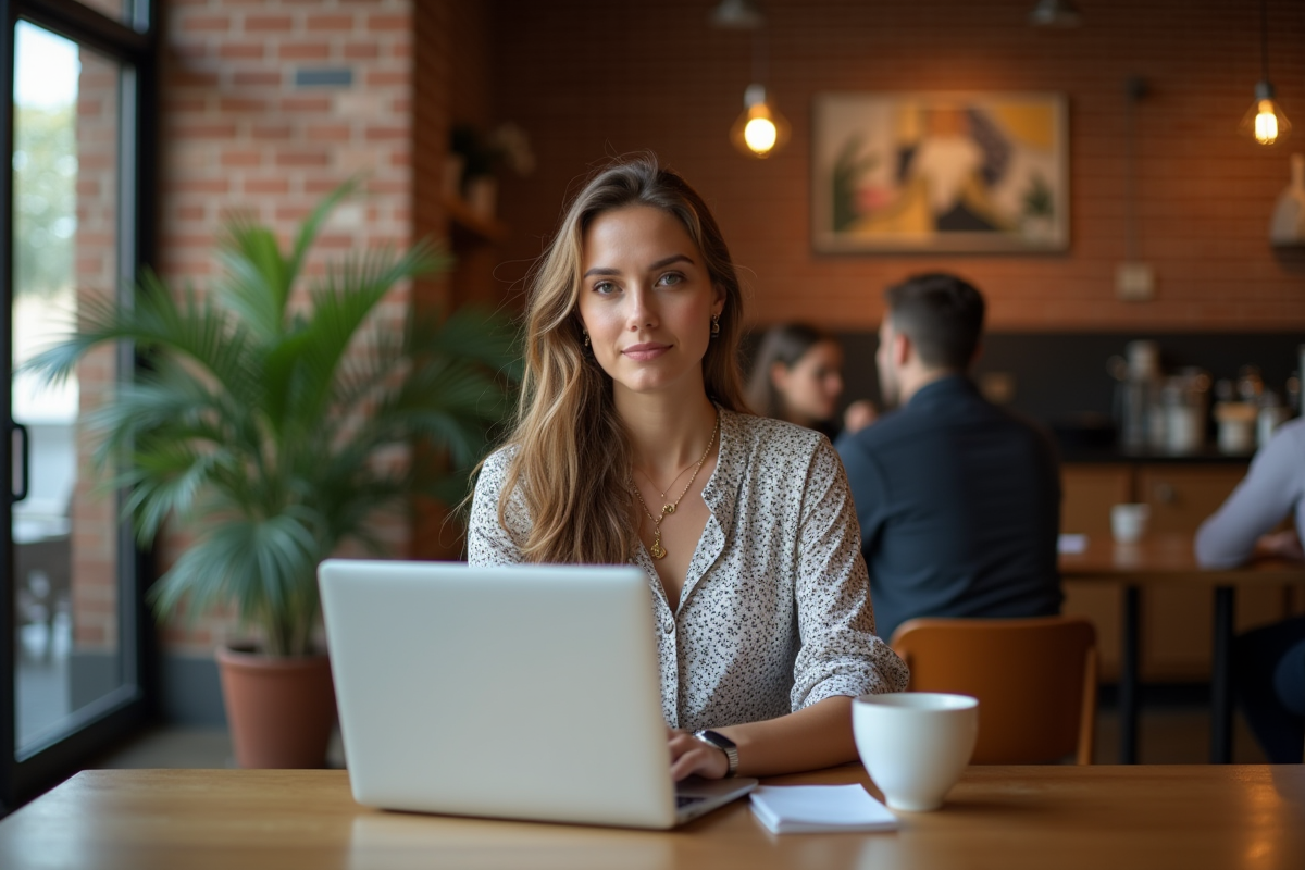Jeune femme professionnelle travaillant sur son ordinateur au café