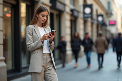 Jeune femme en ville vérifiant son smartphone