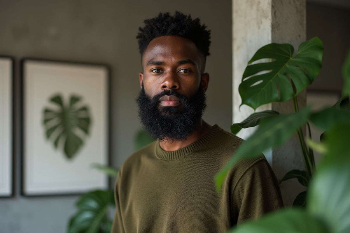 Jeune homme avec barbe dans un intérieur moderne et minimaliste