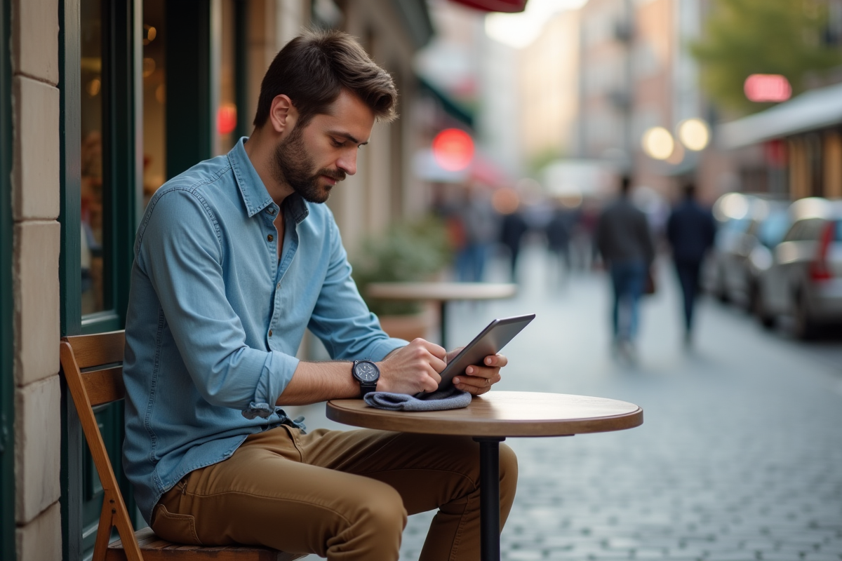 Jeune homme assis au café utilisant une tablette en ville