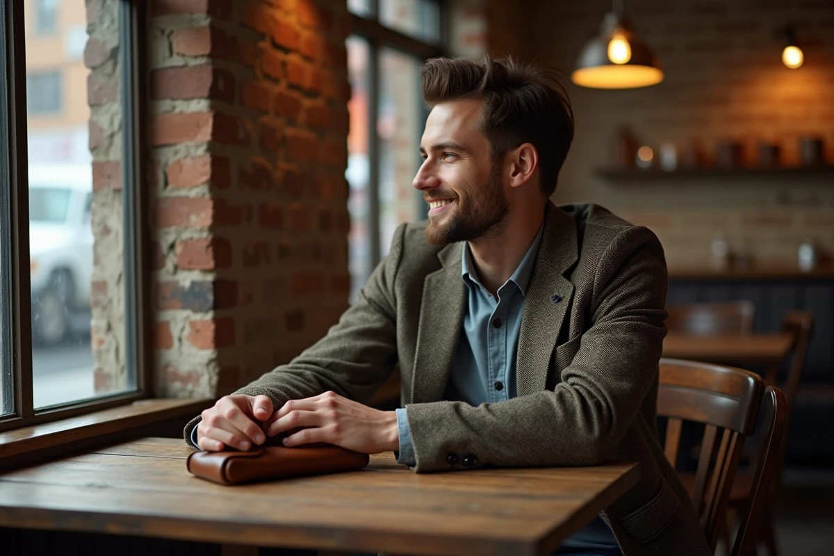 Jeune homme posant une pochette en café rétro