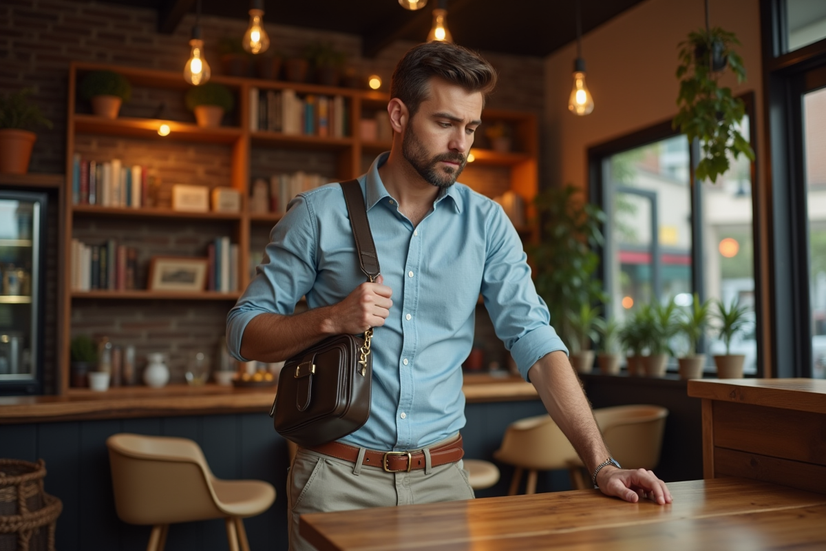 Jeune homme dans un café avec un sac croisé sur la table
