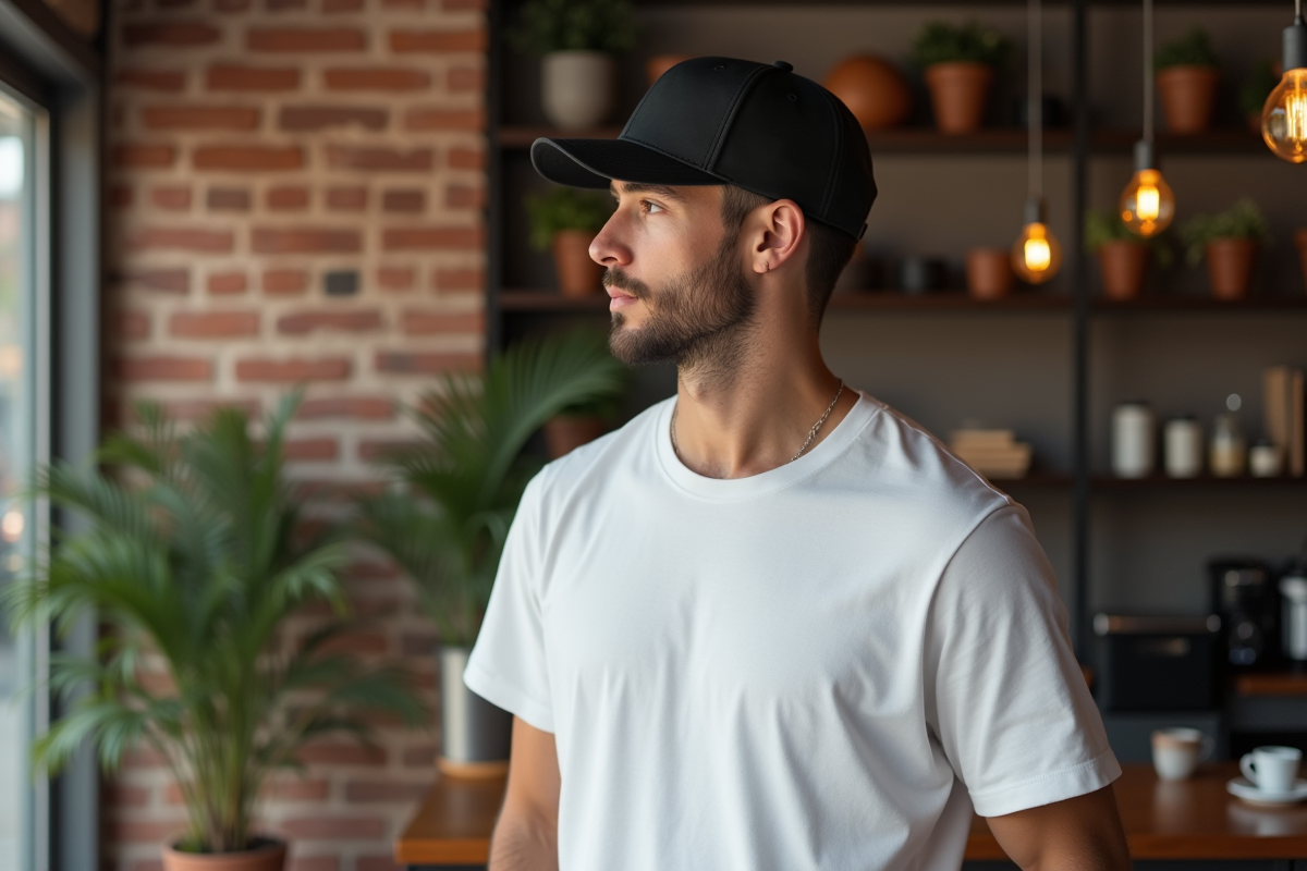 Jeune homme en t-shirt blanc et casquette dans un coffee shop