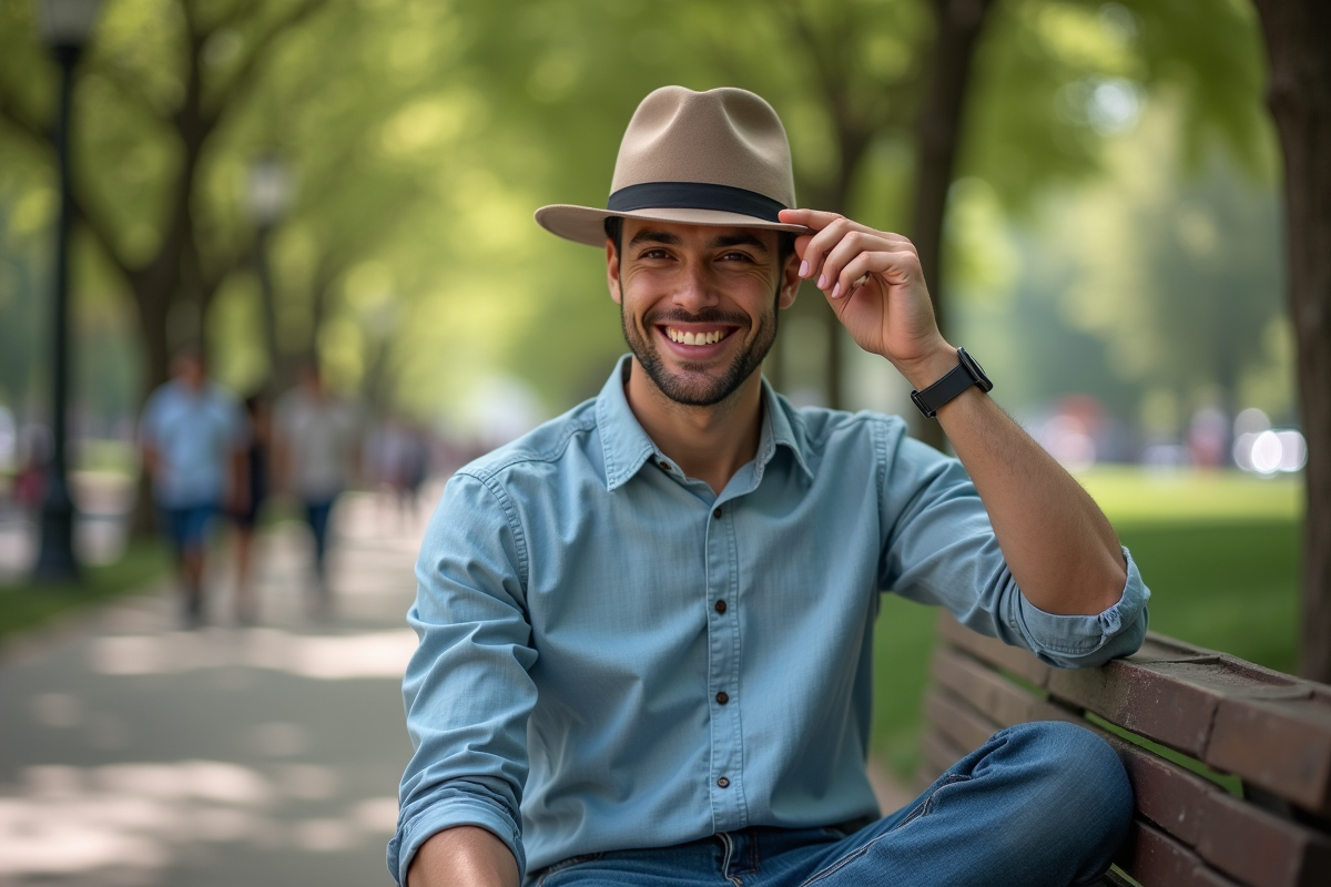 Jeune homme portant un fedora dans un parc urbain